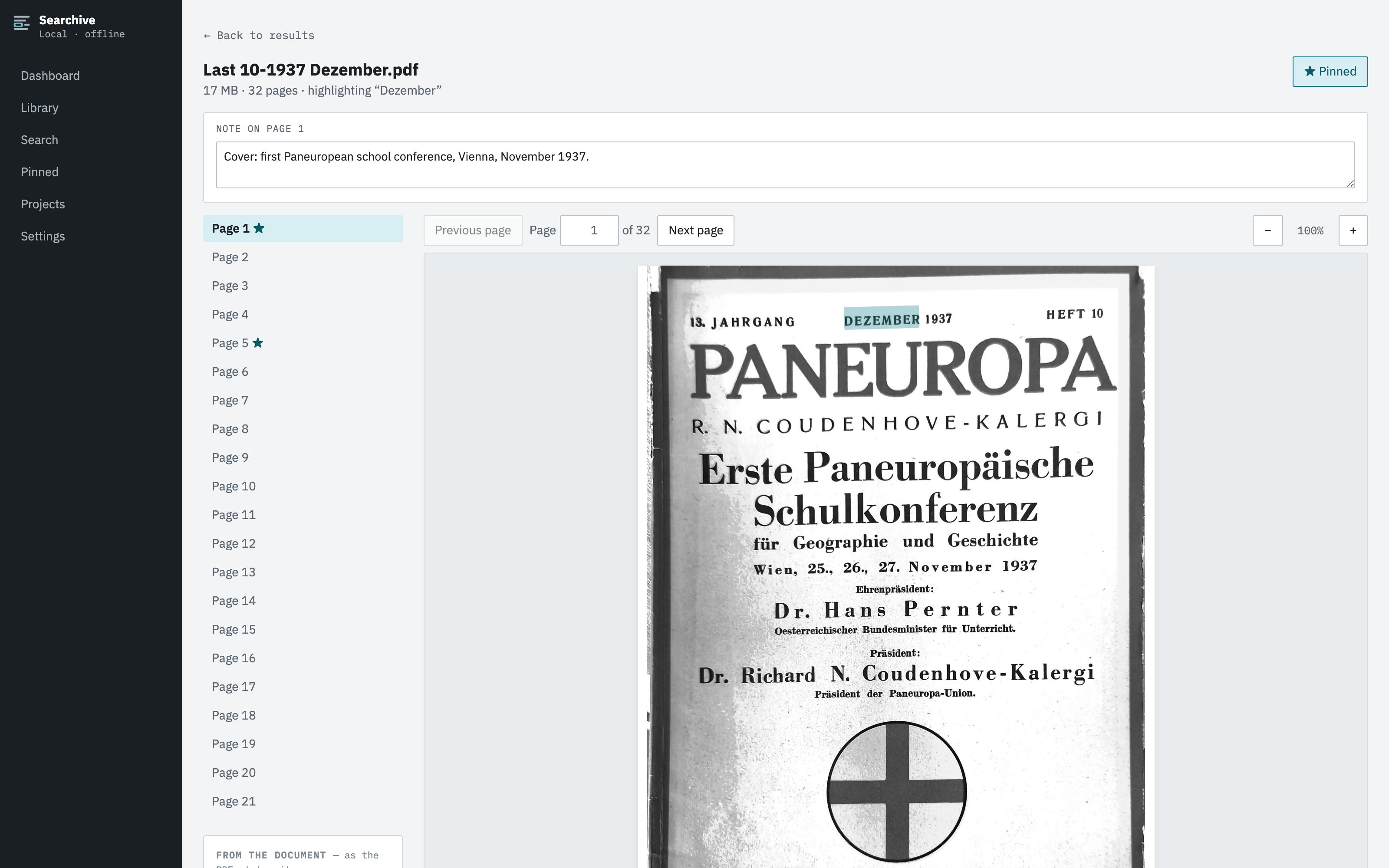 The application showing a scanned 1937 magazine page with a search match highlighted on the page image