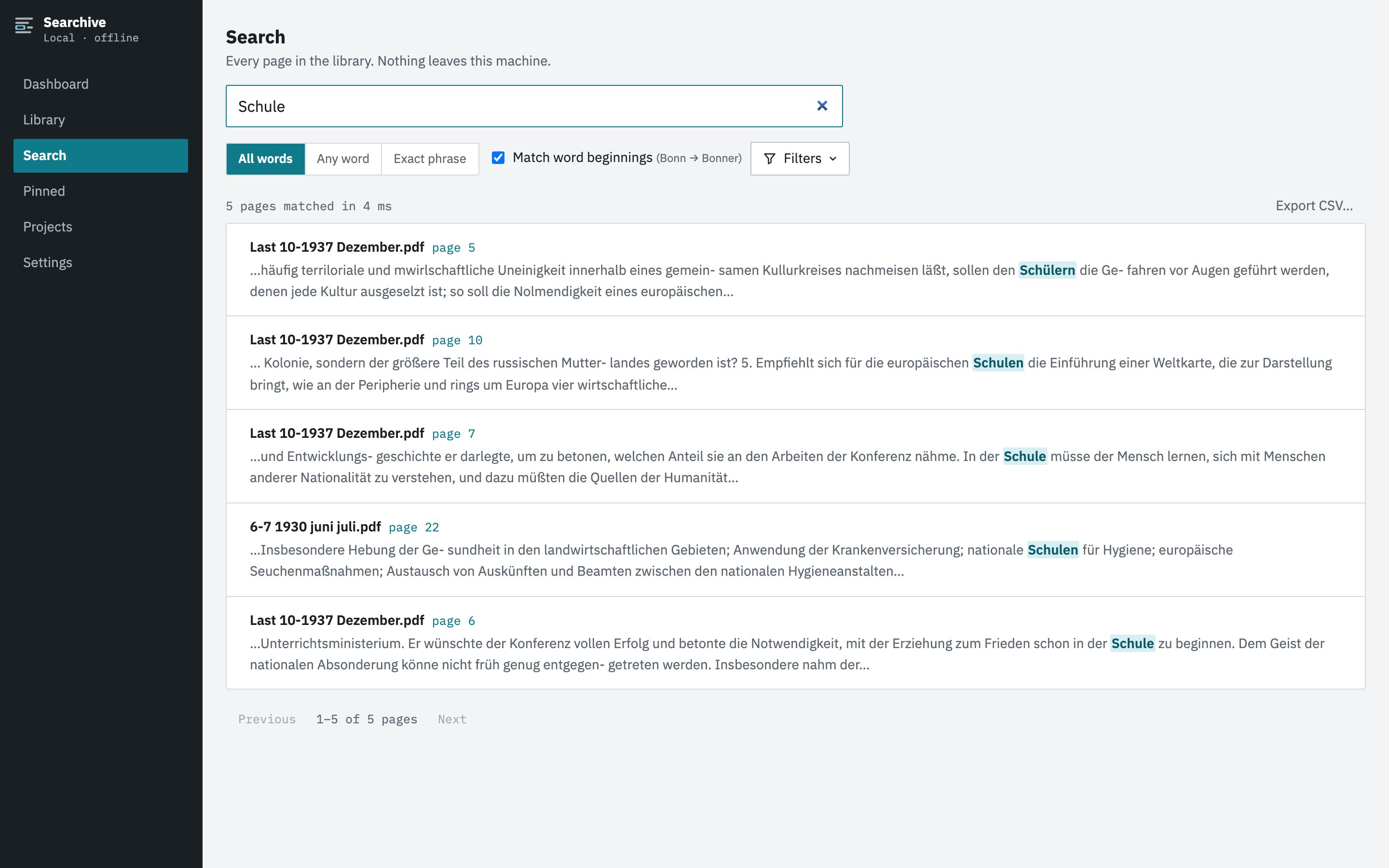 Search results across a library, matches highlighted in context, with all-words, any-word and exact-phrase modes